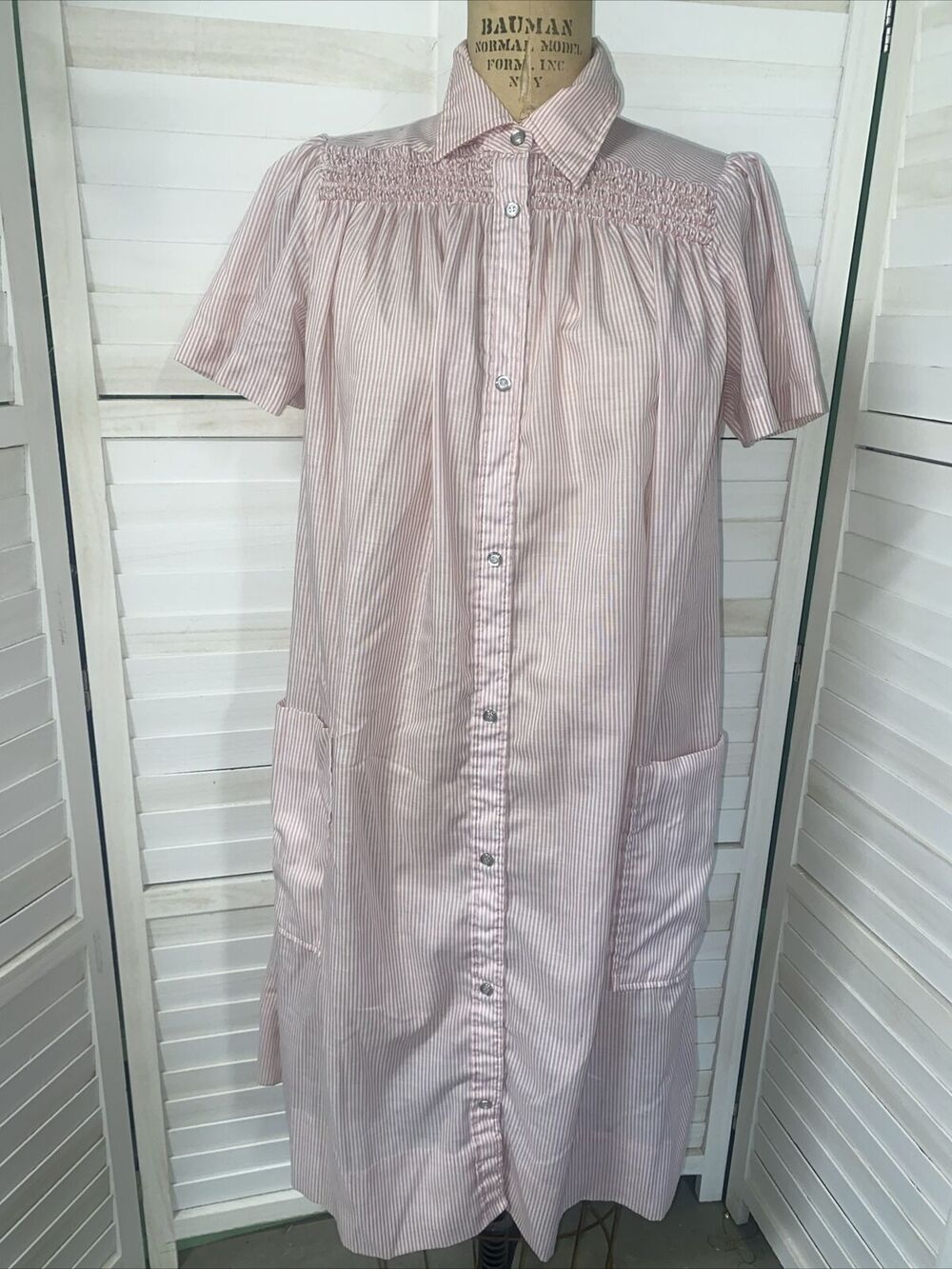 Vintage Models Coat Pink White Stripes House Dress MuuMuu Granny Sz Large